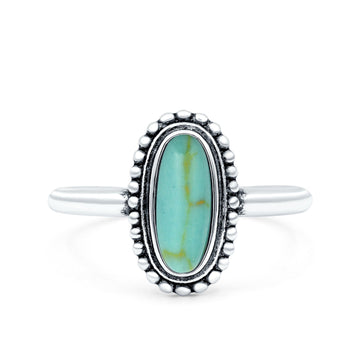 Vintage Style Oval Lab Opal Ring Solid Oxidized Simulated Turquoise 925 Sterling Silver